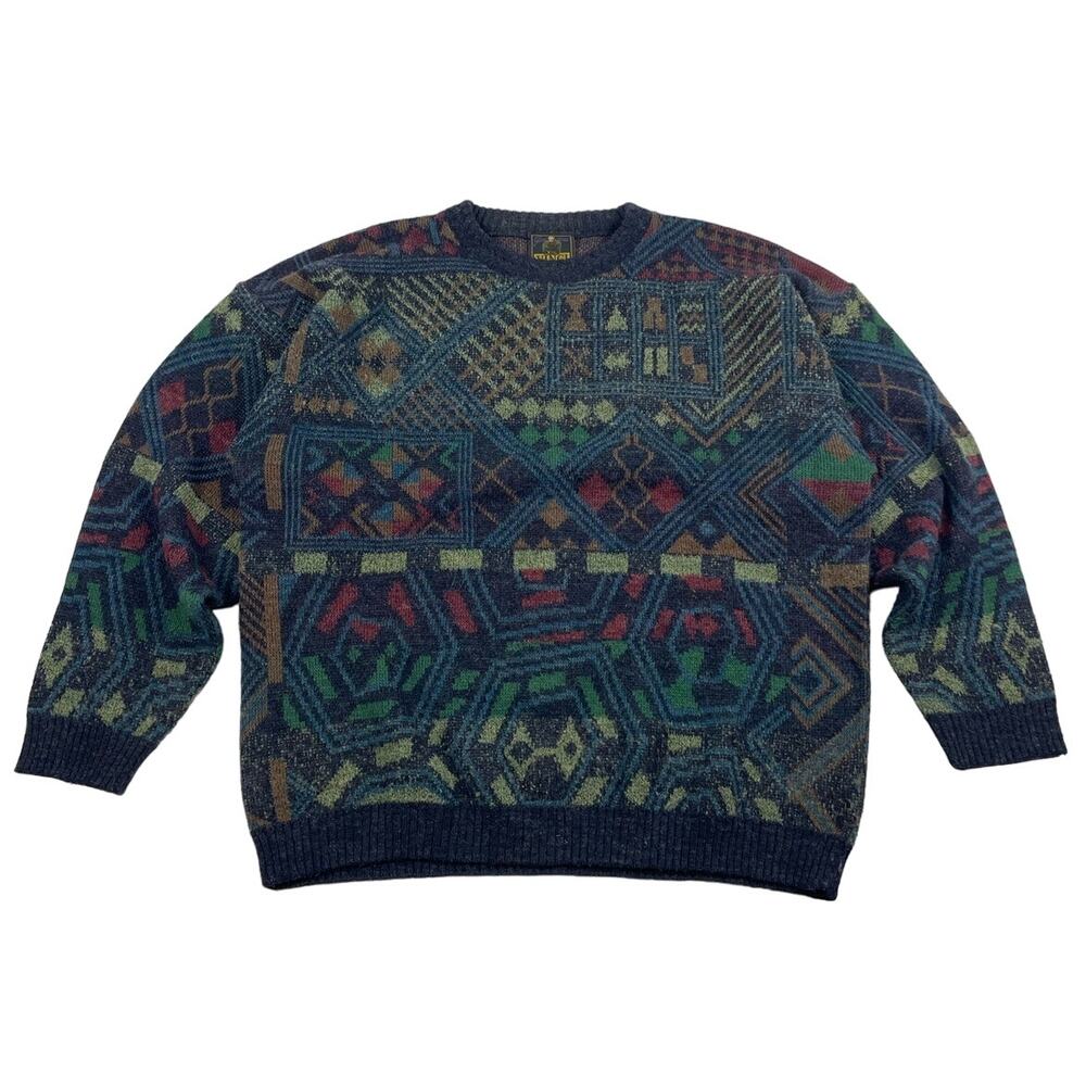 Retro Geometric Aztec Pattern Colorful Vintage Sweater Made in Italy Size Medium